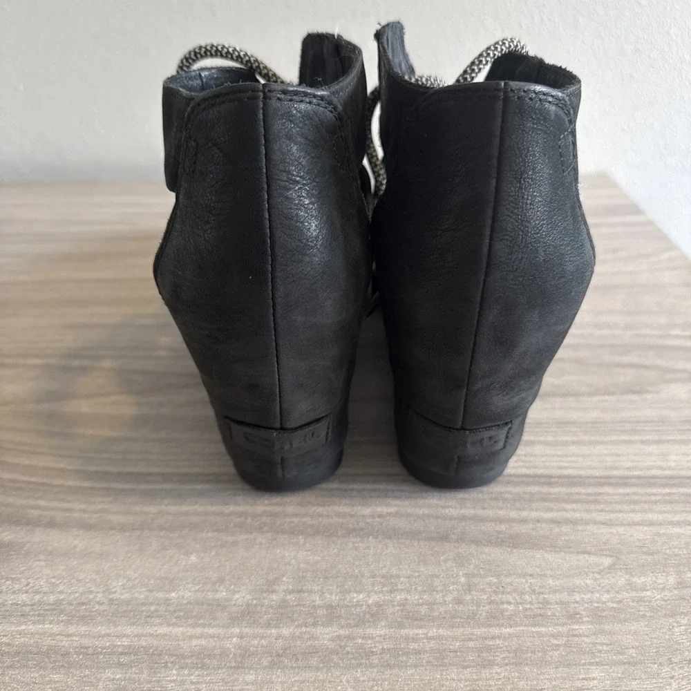 Sorel Joanie Lace Black Leather Open Toe Wedge Sandals Women's Size 12